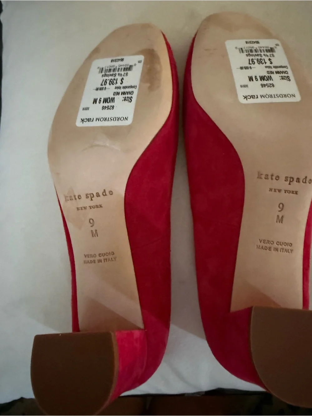 kate spade Red Suede Mid Block Heels with Gold Bow